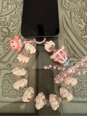 New Pink Cloud Bead Kids Phone Charm with Bear and Hot Air Balloon